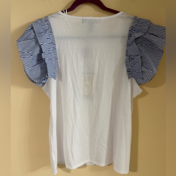 White and Blue Striped Ruffle Sleeve Top - Picture 2 of 9